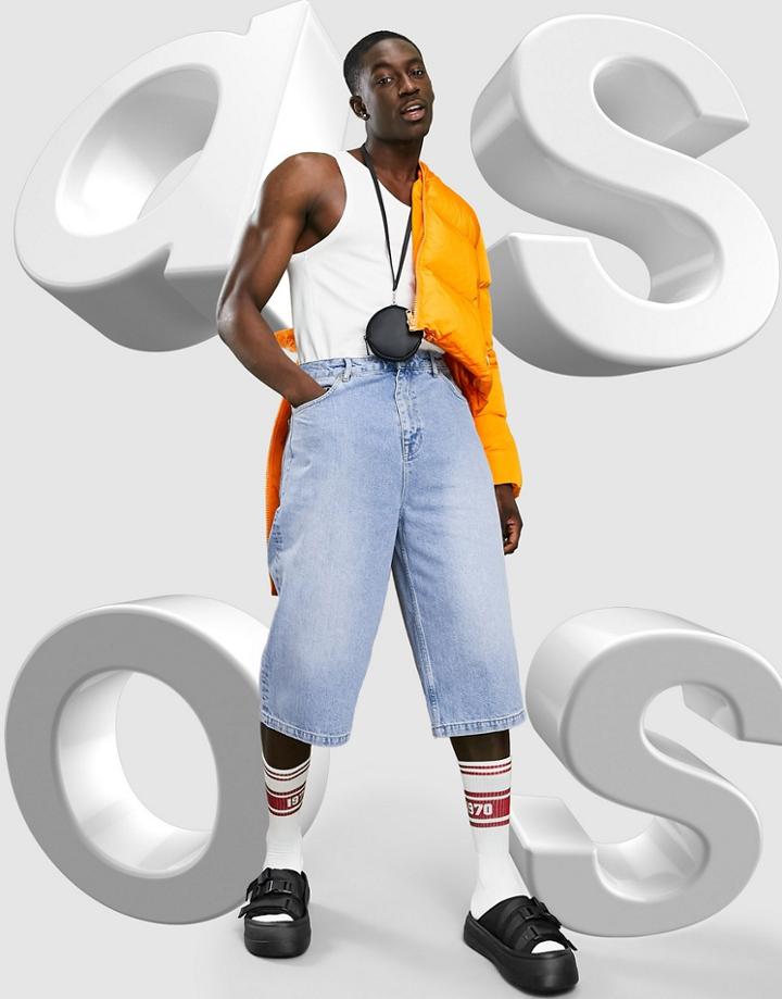 Asos Design Oversized Baggy Denim Shorts In Mid Wash-blues