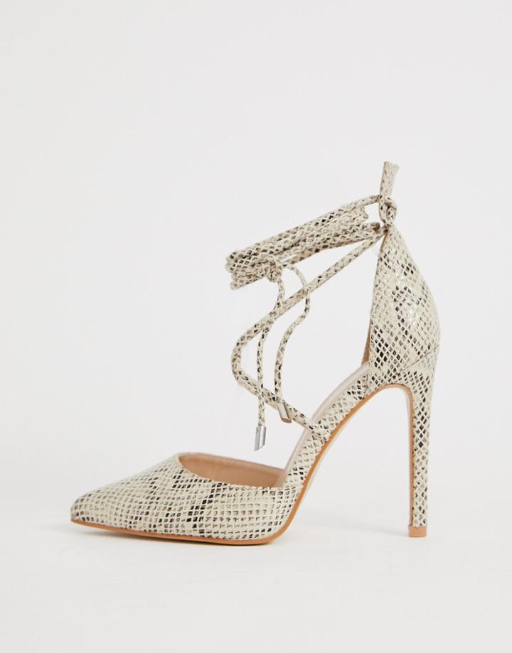 Public Desire Aries Natural Snake Ankle Tie Heeled Shoes-beige