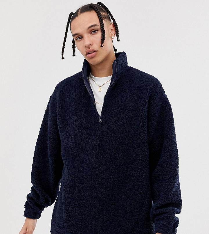 Asos Design Tall Oversized Half Zip Track Neck Sweatshirt In Navy Borg - Red