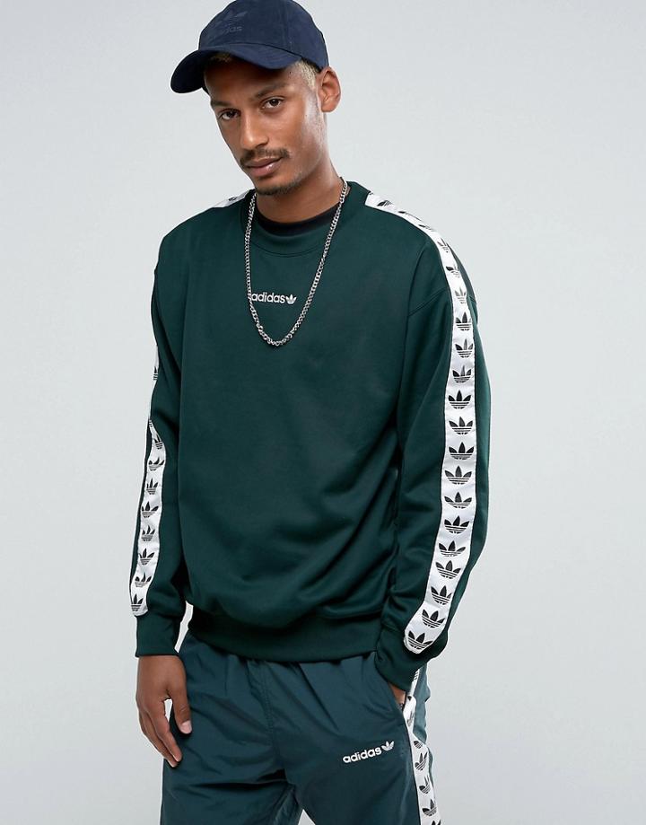 Adidas Originals Adicolor Tnt Tape Crew Sweat In Green Br6752 - Green
