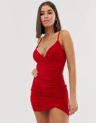 Club L London Asymmetric Ruched Bodycon Dress In Red