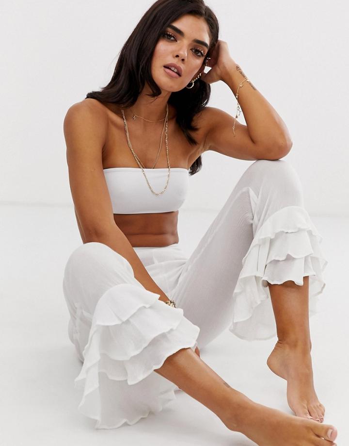 Asos Design Beach Pants With Tiered Ruffle Hem In White