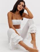 Asos Design Beach Pants With Tiered Ruffle Hem In White