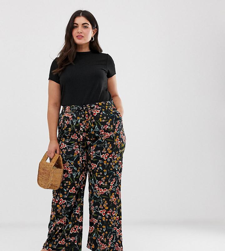 Brave Soul Plus Floral Print Wide Leg Pants With Tie Waist - Navy