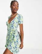 Pull & Bear Wrap Front Floral Mini Dress In Blue