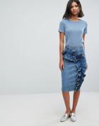 Lost Ink Denim Pencil Skirt With Exaggerated Frill - Blue