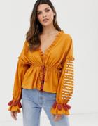 Y.a.s Festival Embroidered Volume Sleeve Top - Brown