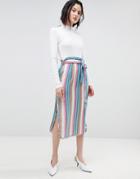 Asos Design Midi Skirt With Tie Waist In Stripe - Multi