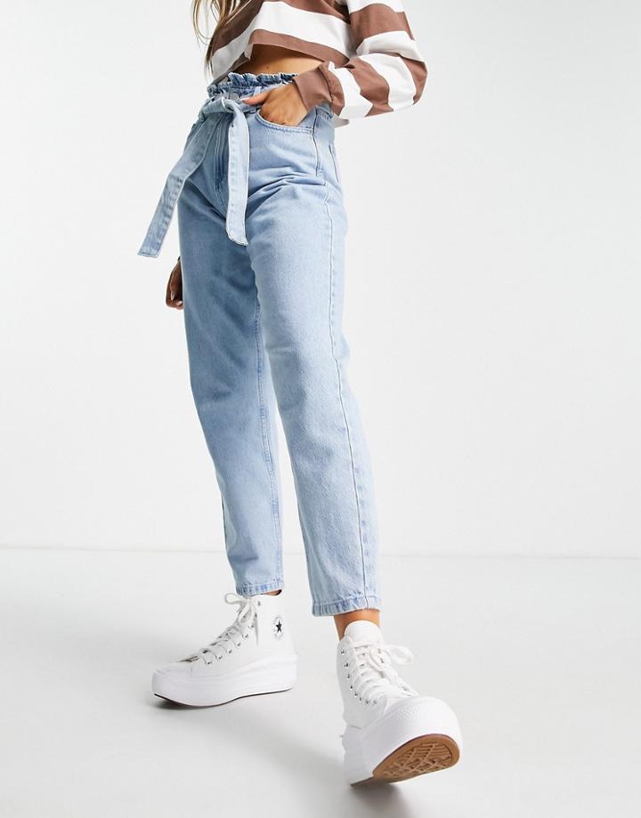 Miss Selfridge Mom High Waist Tapered Tie Waist Jeans In Light Wash-blues