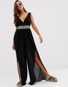 River Island Beach Jumpsuit With Embellished Waistband In Black