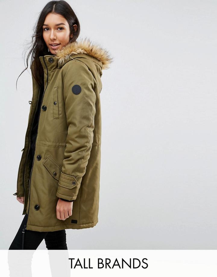 Vero Moda Tall Parka With Faux Fur Hood - Green