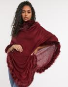 Jayley Faux Fur Trim Poncho In Red
