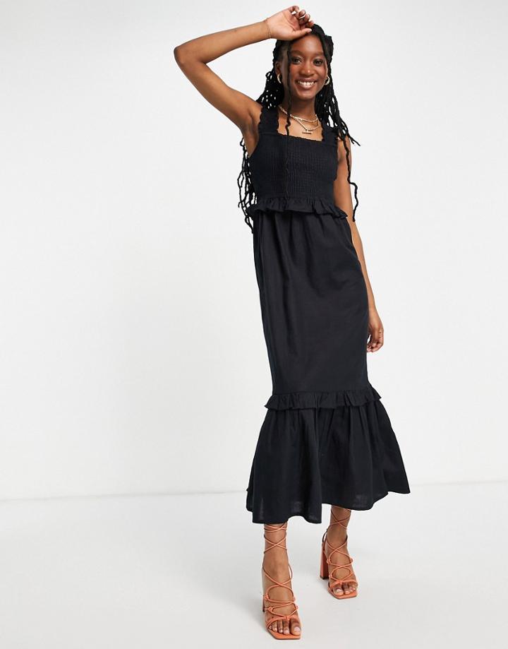 Lipsy Shirred Strap Frill Midi Dress In Black