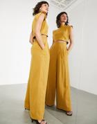 Asos Edition Wide Leg Pants With Stitch Detail In Mustard-yellow