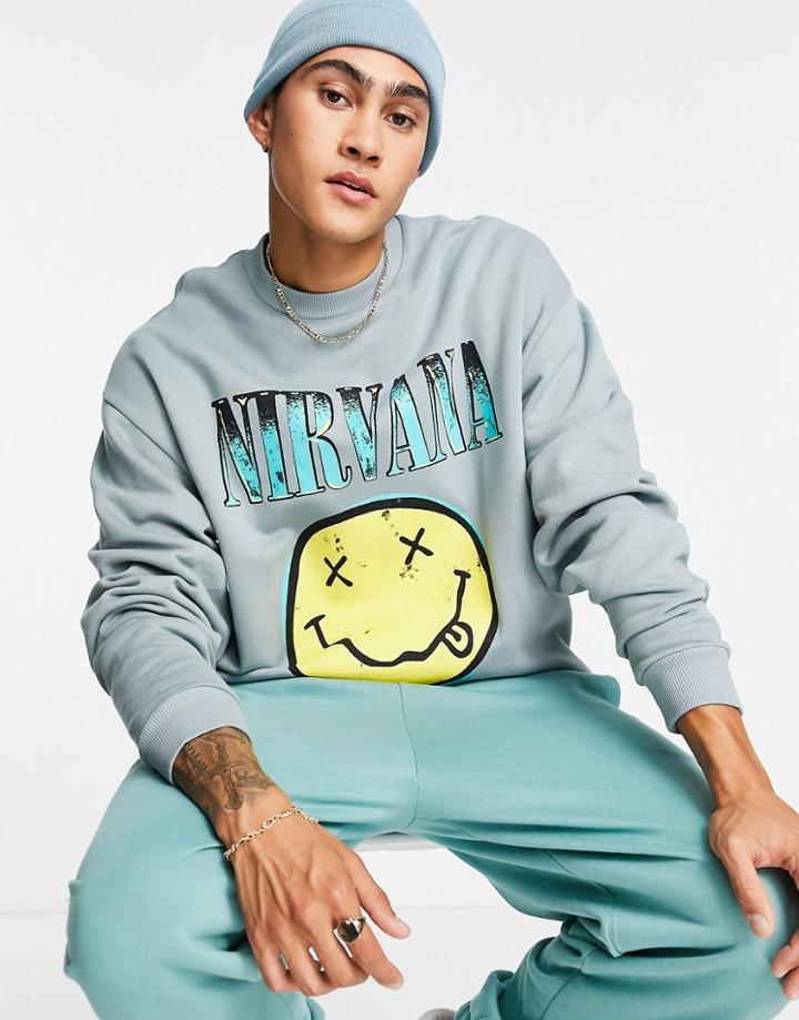 Asos Design Oversized Sweatshirt With Nirvana Smiley Print In Green