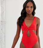 Asos Design Tall Recycled Textured Cross Waist Swimsuit In Red - Red