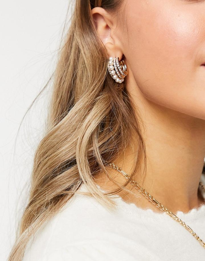 Asos Design Hoop Earrings With Pearl Row In Gold Tone