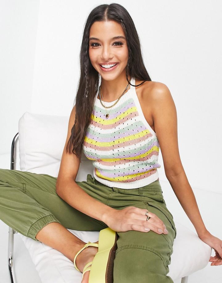 Jdy Crochet Halterneck Top In Pastel Stripe-pink