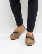 Dunlop Moccasin Slippers In Tan Suede - Tan