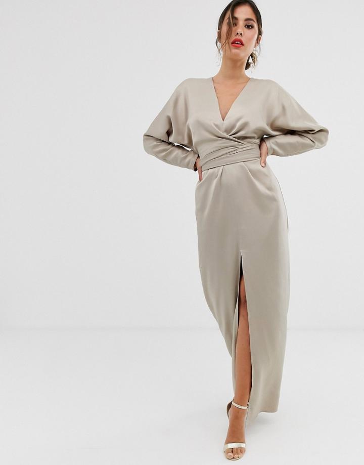 Asos Design Maxi Dress With Batwing Sleeve And Wrap Waist In Satin - Beige