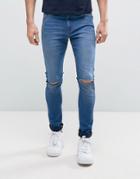 Asos Super Spray On Jeans With Knee Rips In Mid Blue - Blue