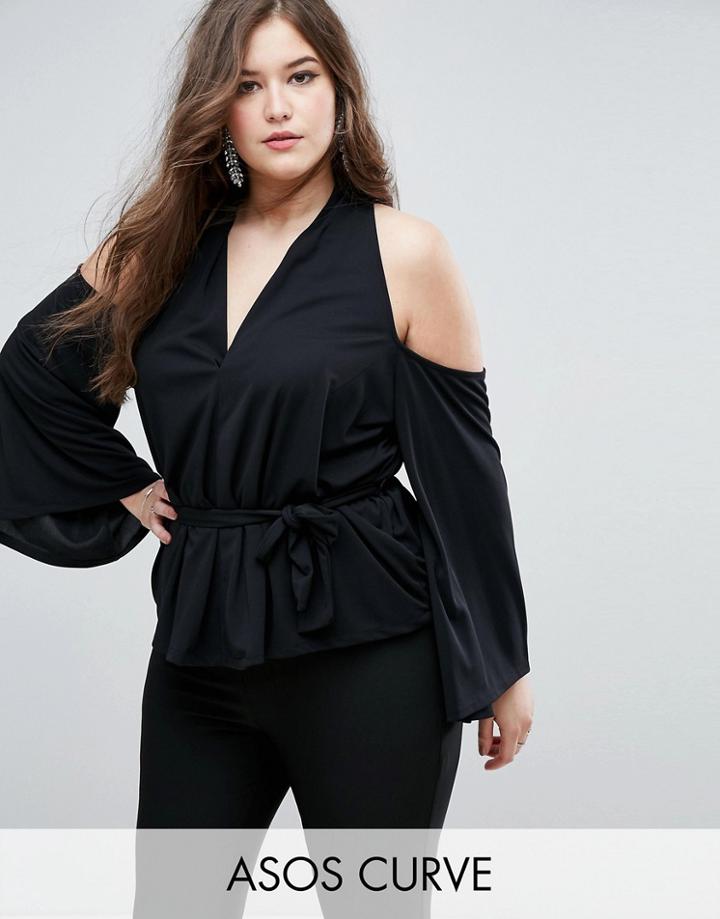 Asos Curve Kimono Top With Cold Shoulder And Tie Front - Black