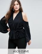 Asos Curve Kimono Top With Cold Shoulder And Tie Front - Black