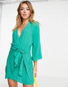 Pull & Bear Rustic Tie Front Mini Dress In Green