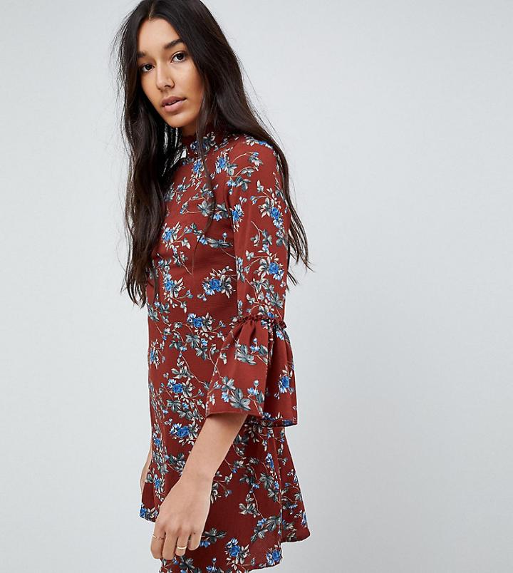 Parisan Tall High Neck Floral Dress With Flare Sleeve - Red