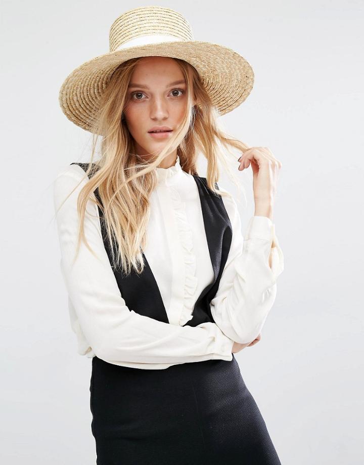 Mango Straw Hat With White Band - Beige