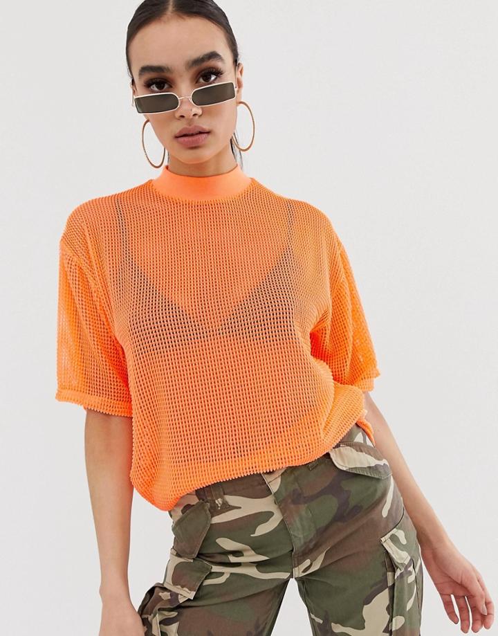 Asos Design Oversized Mesh T-shirt In Neon - Orange