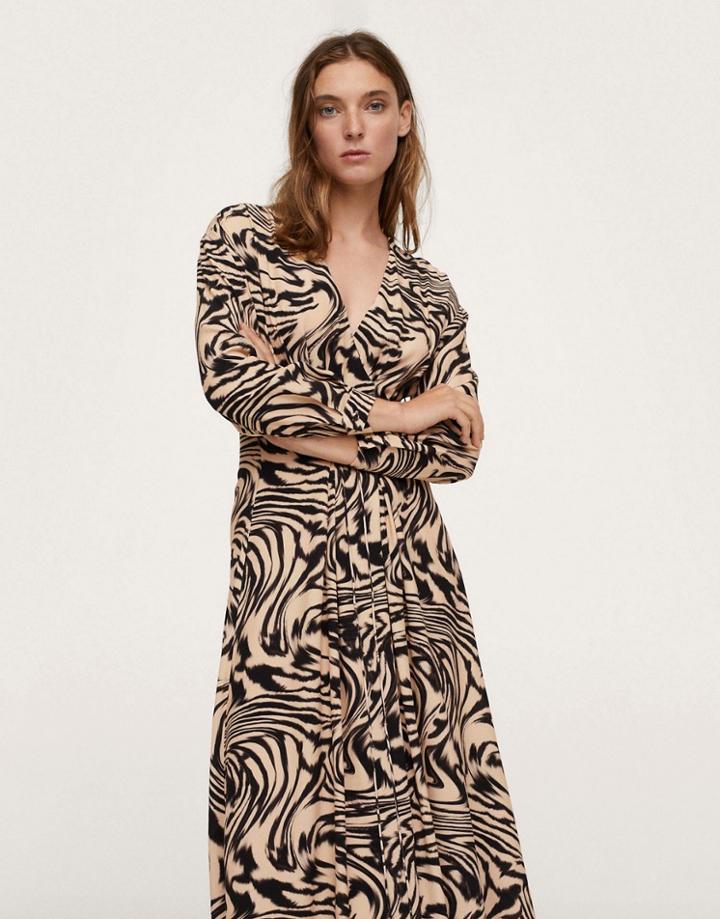 Mango Wavey Marble Print Midi Dress In Brown