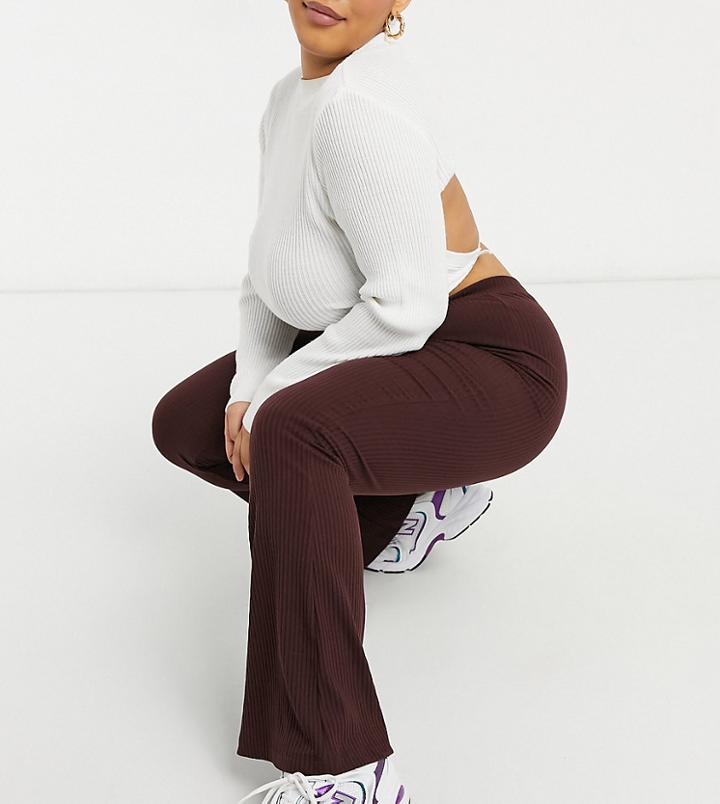 Asos Design Curve Rib Kick Flare Pant In Dark Brown