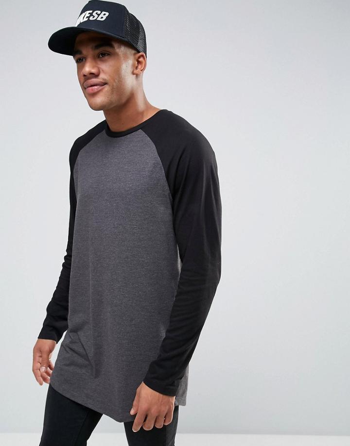 Asos Super Longline Long Sleeve T-shirt With Contrast Raglan And Curved Hem In Charcoal Marl/black - Gray