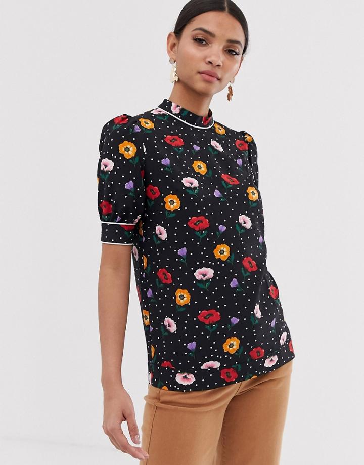 Fashion Union High Neck Blouse In Poppy Print - Black