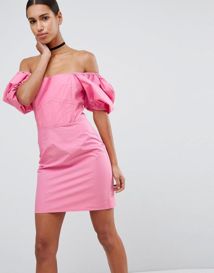 Asos Off Shoulder Puff Sleeve Mini Dress - Pink