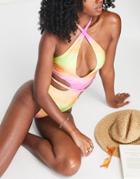 Asos Design Key Hole Cross Neck Cut Out Swimsuit In Ombre-multi