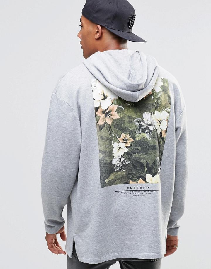 Asos Oversized Longline Hoodie With Freedom Print - Gray Marl