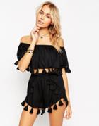 Asos Fringed Tassle Bandeau Beach Crop Top Co-ord - Black