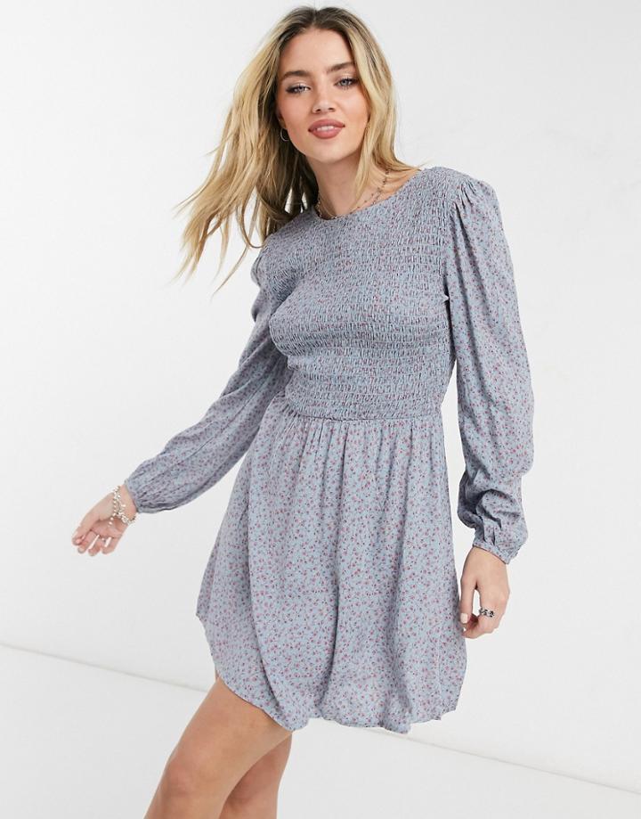 Cotton: On Long Sleeve Mini Dress In Ditsy Sky-blues