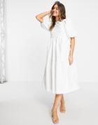 Asos Design Jacquard Tiered Midi Dress With Bellow Pockets In White