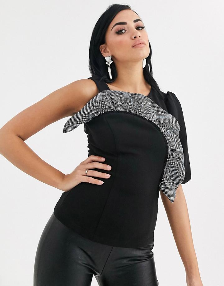 Asos Design Asymmetric Top With Frill Embellishment-black