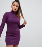 Missguided Petite Long Sleeve Bodycon Dress With Zip Front In Purple - Purple