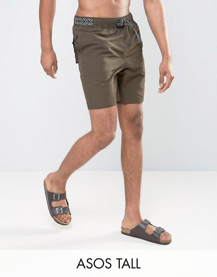 Asos Tall Swim Shorts In Khaki With Geo-tribal Belt In Mid Length - Green