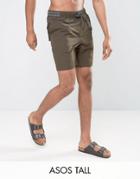 Asos Tall Swim Shorts In Khaki With Geo-tribal Belt In Mid Length - Green