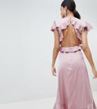 Asos Design Tall Ruffle Midi Dress In Rippled Satin With Cut Out Back - Pink