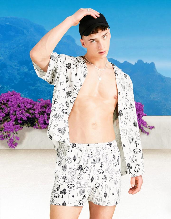 Asos Design Boxy Oversized Revere Shirt With Scribble Cards Print - Part Of A Set-white
