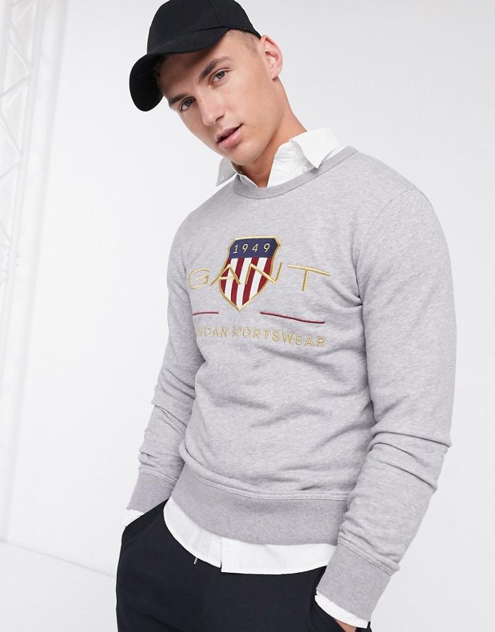 Gant Archive Embroidered Shield Logo Crewneck Sweatshirt In Gray Melange-grey