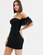 Saint Genies Flocked Spot Mesh Bardot Dress With Frill Flared Sleeves In Black