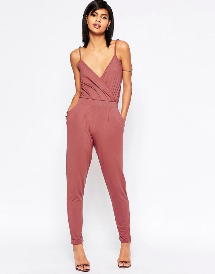 Asos Cami Wrap Front Jersey Jumpsuit With Peg Leg - Rosewood